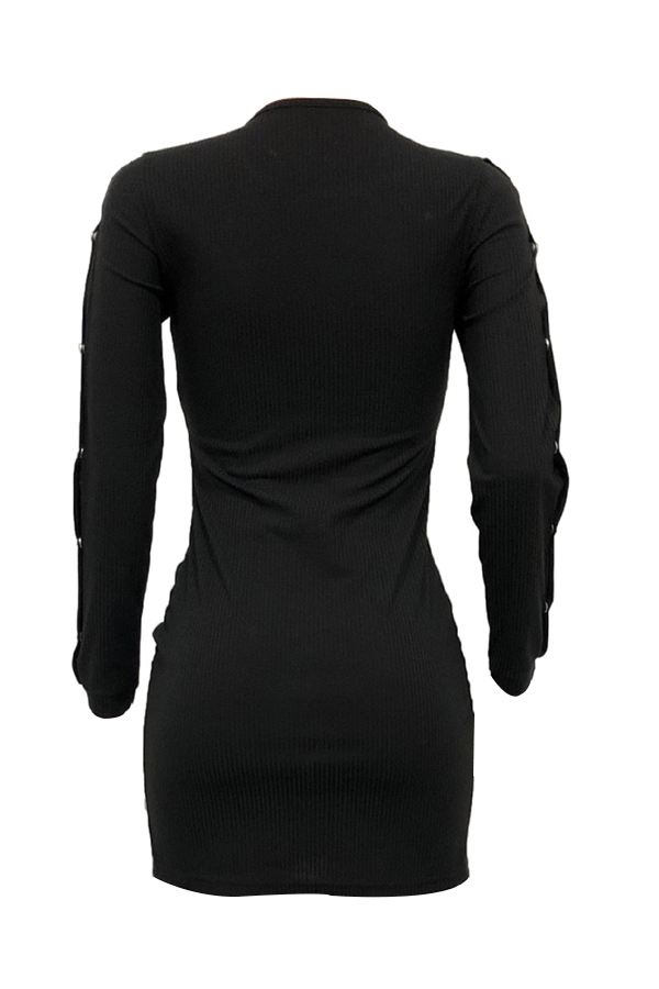  Vintage Round Neck Button Decorative Hollow-out Black Polyester Mini Dress