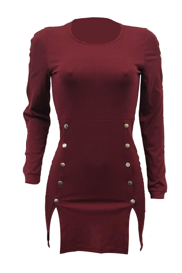  Vintage Round Neck Button Decorative Hollow-out Wine Red Polyester Mini Dress