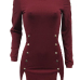  Vintage Round Neck Button Decorative Hollow-out Wine Red Polyester Mini Dress