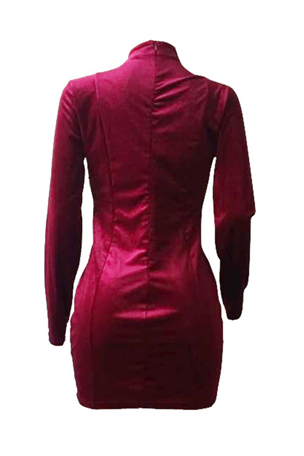  Vintage Round Neck Button Decorative Hollow-out Wine Red Polyester Mini Dress