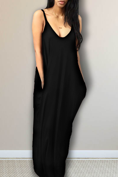 Alluring V Neck Spaghetti Strap Sleeveless Asymmetrical Black Cotton Blend Ankle Length Dress