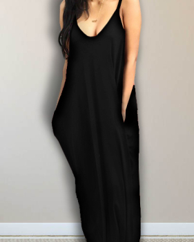 Alluring V Neck Spaghetti Strap Sleeveless Asymmetrical Black Cotton Blend Ankle Length Dress