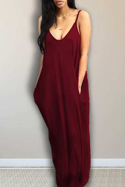 Alluring V Neck Spaghetti Strap Sleeveless Asymmetrical Wine Red Cotton Blend Ankle Length Dress