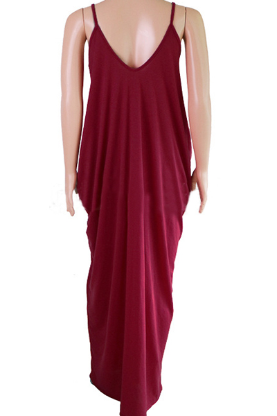 Alluring V Neck Spaghetti Strap Sleeveless Asymmetrical Wine Red Cotton Blend Ankle Length Dress