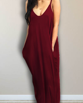 Alluring V Neck Spaghetti Strap Sleeveless Asymmetrical Wine Red Cotton Blend Ankle Length Dress