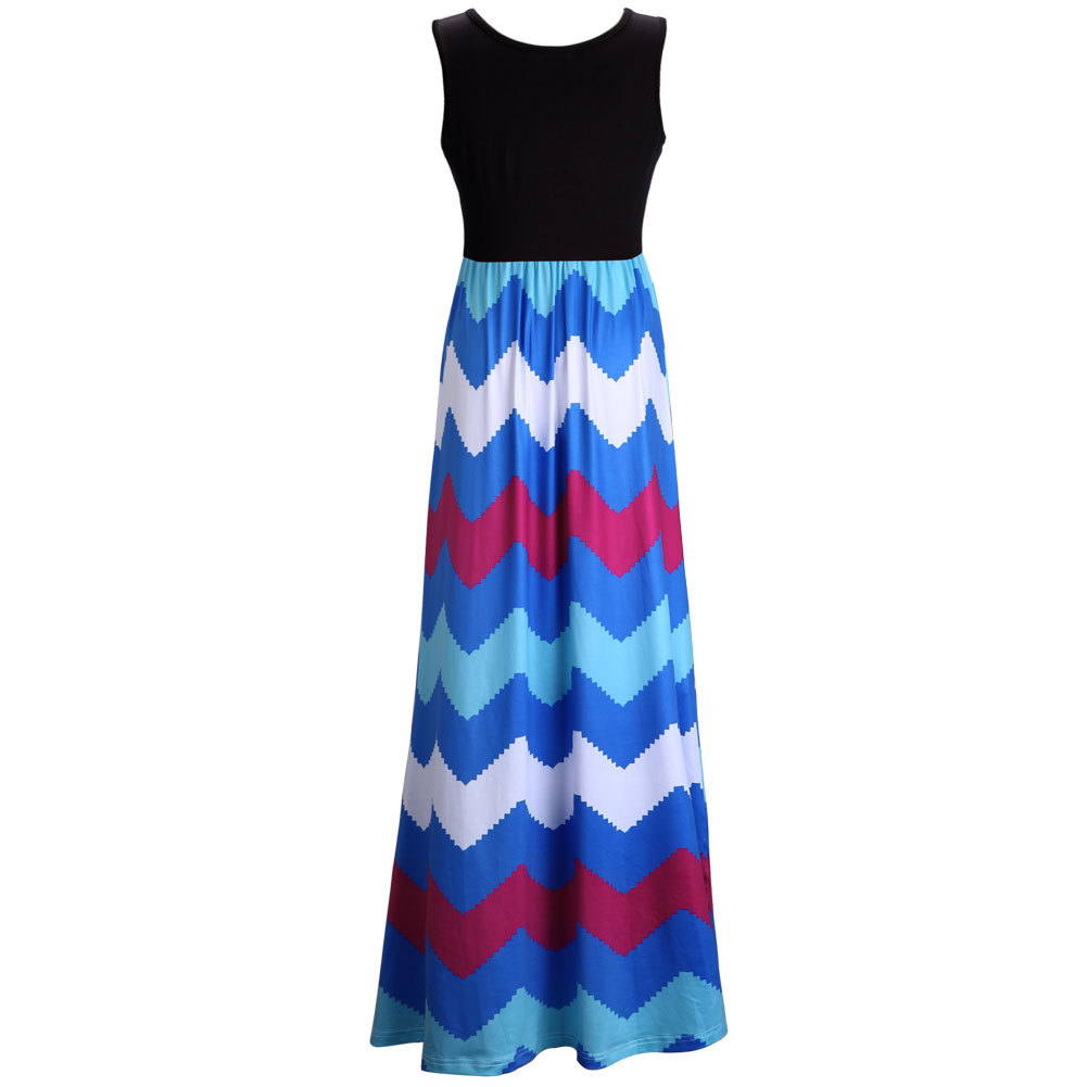 Bohemian Style U Neck Tank Sleeveless Patchwork Colorful Wavy Print Blue Blending Ankle Length Dress