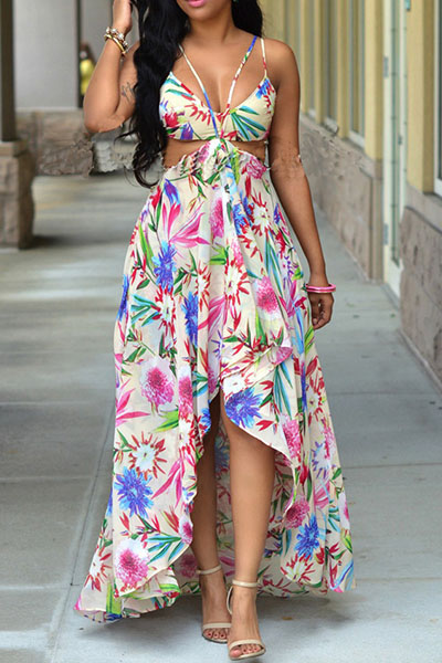 Bohemian V Neck Off The Shoulder Sleeveless Printed Asymmetrical White Polyester Knee Length Dress