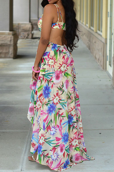 Bohemian V Neck Off The Shoulder Sleeveless Printed Asymmetrical White Polyester Knee Length Dress