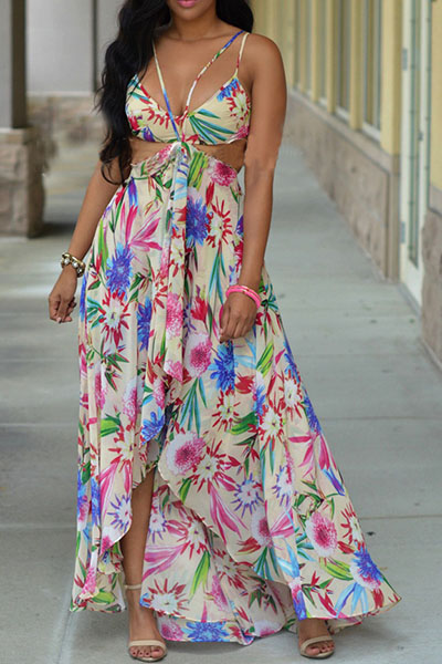 Bohemian V Neck Off The Shoulder Sleeveless Printed Asymmetrical White Polyester Knee Length Dress