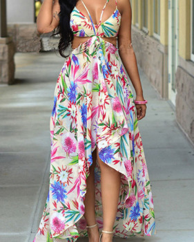 Bohemian V Neck Off The Shoulder Sleeveless Printed Asymmetrical White Polyester Knee Length Dress