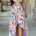 Bohemian V Neck Off The Shoulder Sleeveless Printed Asymmetrical White Polyester Knee Length Dress