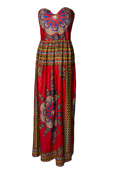 Bohemian V Neck Off The Shoulder Sleeveless Totem Printed Red Qmilch Ball Gown Ankle Length Dress