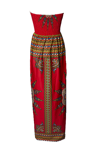 Bohemian V Neck Off The Shoulder Sleeveless Totem Printed Red Qmilch Ball Gown Ankle Length Dress