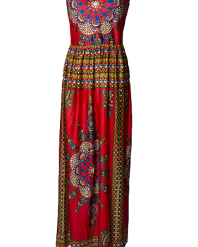 Bohemian V Neck Off The Shoulder Sleeveless Totem Printed Red Qmilch Ball Gown Ankle Length Dress