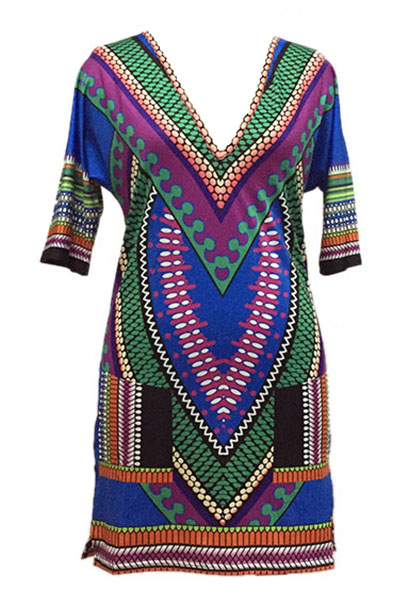 Bohemian V Neck Short Sleeves Blending Straight Mini Women Dress