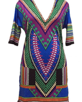 Bohemian V Neck Short Sleeves Blending Straight Mini Women Dress