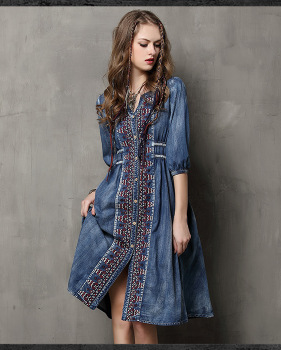 Brand women's 2019 spring and summer new large size denim skirt ethnic style embroidery drawstring sleeve dress #95013