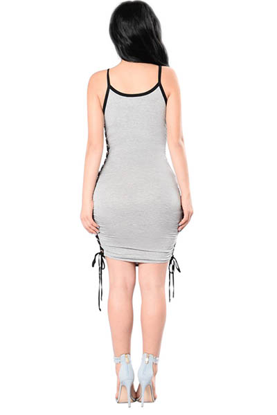 Casual Boat Neck Spaghetti Strap Sleeveless Lace-up Hollow-out Grey Cotton Sheath Knee Length Dress