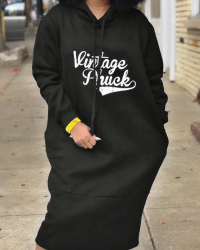 Casual Hooded Collar Letters Printed Black Polyester Mid Calf Dress