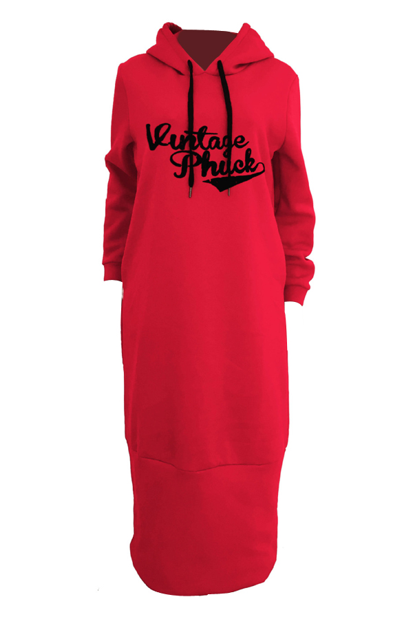 Casual Hooded Collar Letters Printed Red Polyester Mid Calf Dress