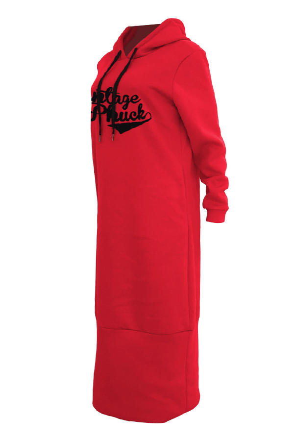 Casual Hooded Collar Letters Printed Red Polyester Mid Calf Dress