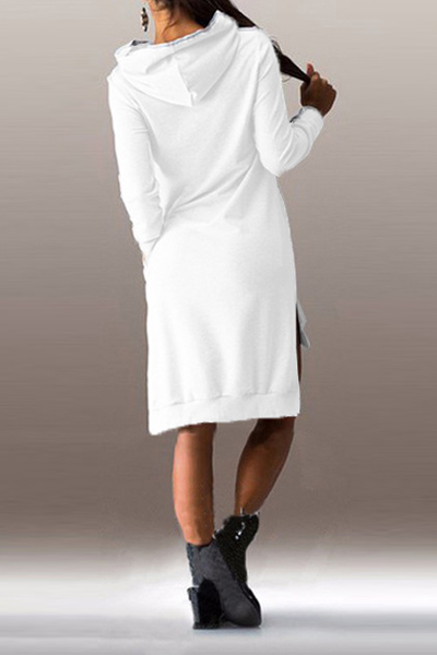 Casual Long Sleeves Patchwork Asymmetrical White Cotton Hooded Mini Dress