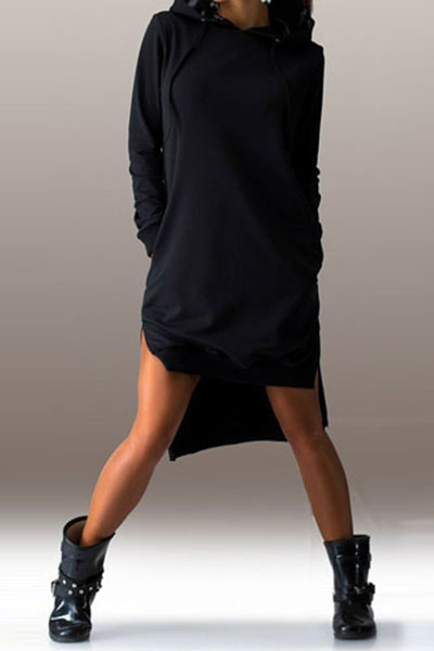 Casual Long Sleeves Side Split Asymmetrical Black Polyester Hooded Dress