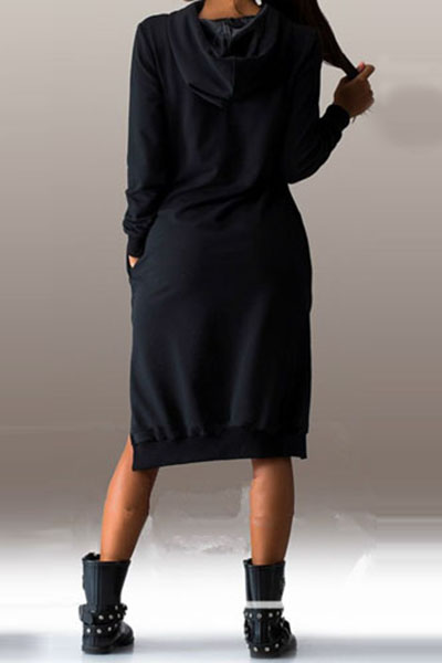 Casual Long Sleeves Side Split Asymmetrical Black Polyester Hooded Dress