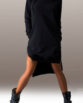 Casual Long Sleeves Side Split Asymmetrical Black Polyester Hooded Dress