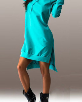 Casual Long Sleeves Side Split Asymmetrical Green Polyester Hooded Dress