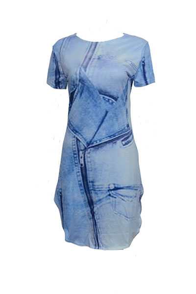 Casual Round Neck Short Sleeves Asymmetrical Blue Polyester Sheath Mini Dress