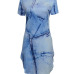 Casual Round Neck Short Sleeves Asymmetrical Blue Polyester Sheath Mini Dress