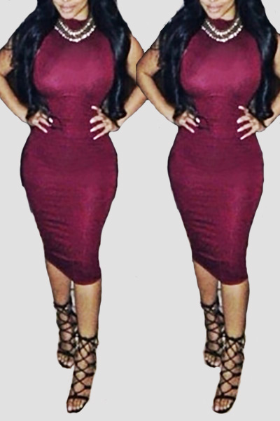 Casual Turtleneck Short Sleeves Wine Red Spandex Sheath Knee Length Dress