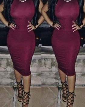 Casual Turtleneck Short Sleeves Wine Red Spandex Sheath Knee Length Dress