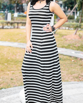 Casual U-shaped Neck Sleeveless Striped Cotton Blend A Line Floor Length Dress