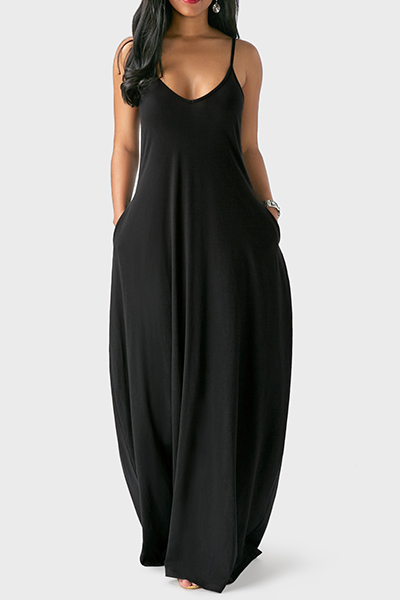 Casual V Neck Asymmetrical Black Blending Floor Length Dress