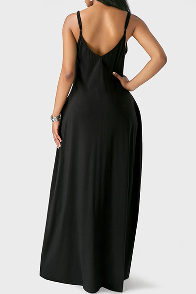 Casual V Neck Asymmetrical Black Blending Floor Length Dress