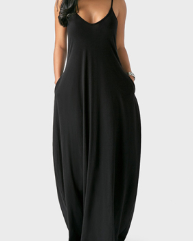 Casual V Neck Asymmetrical Black Blending Floor Length Dress