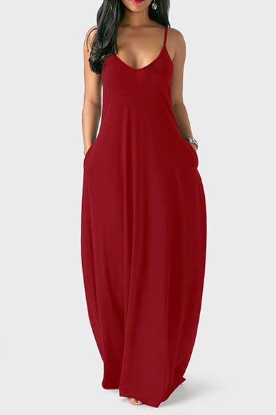 Casual V Neck Asymmetrical Wine Red Blending Floor Length Dress