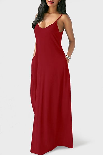 Casual V Neck Asymmetrical Wine Red Blending Floor Length Dress