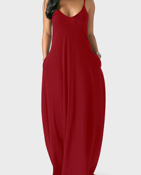 Casual V Neck Asymmetrical Wine Red Blending Floor Length Dress