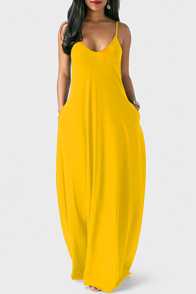 Casual V Neck Asymmetrical Yellow Blending Floor Length Dress