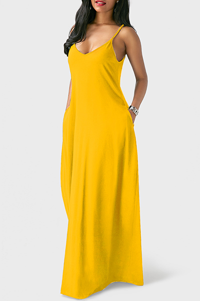 Casual V Neck Asymmetrical Yellow Blending Floor Length Dress