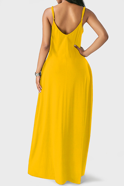 Casual V Neck Asymmetrical Yellow Blending Floor Length Dress