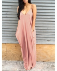 Casual V Neck Pink Blending Floor Length Dress