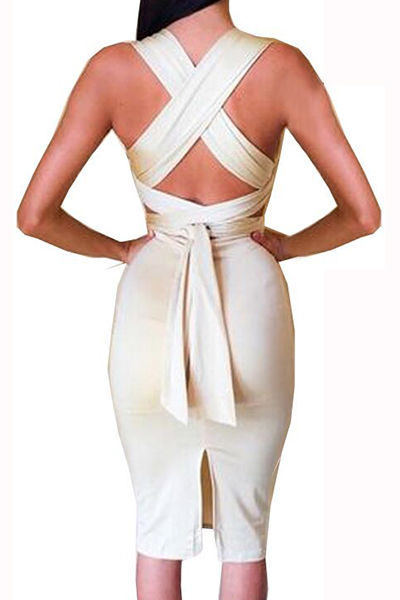 Charismatic Spaghetti Strap Sleeveless Bandage Khaki Blending Sheath Knee Length Dress