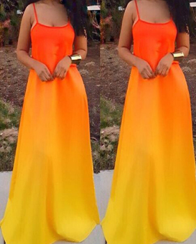 Charismatic U-shaped Neck Spaghetti Strap Sleeveless Printed Orange Polyester Floor Length Dress