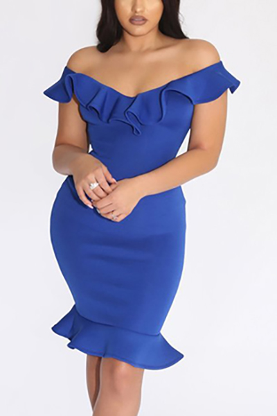 Charismatic V Neck Short Sleeves Falbala Design Blue Polyester Knee Length Dress