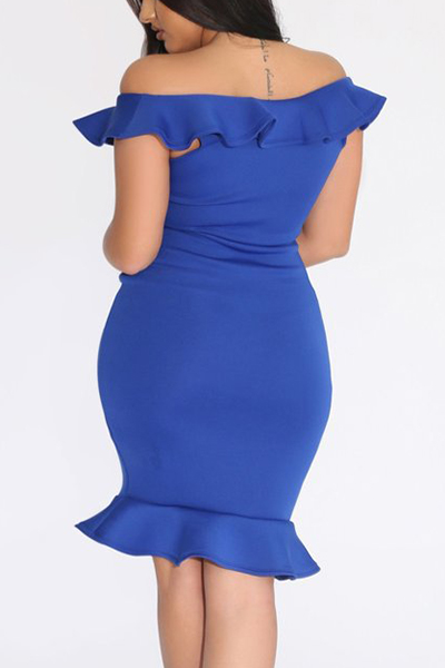 Charismatic V Neck Short Sleeves Falbala Design Blue Polyester Knee Length Dress