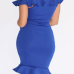 Charismatic V Neck Short Sleeves Falbala Design Blue Polyester Knee Length Dress